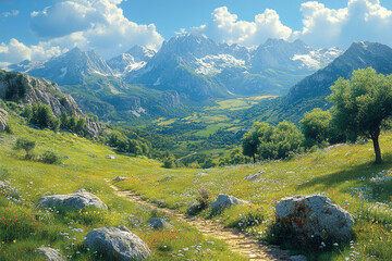 Mountain Valley Path Meadow Flowers Rocks Sky