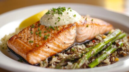 Photo of, A mouthwatering plate of grilled salmon served with a lemon dill sauce, accompanied by roasted asparagus and wild rice pilaf