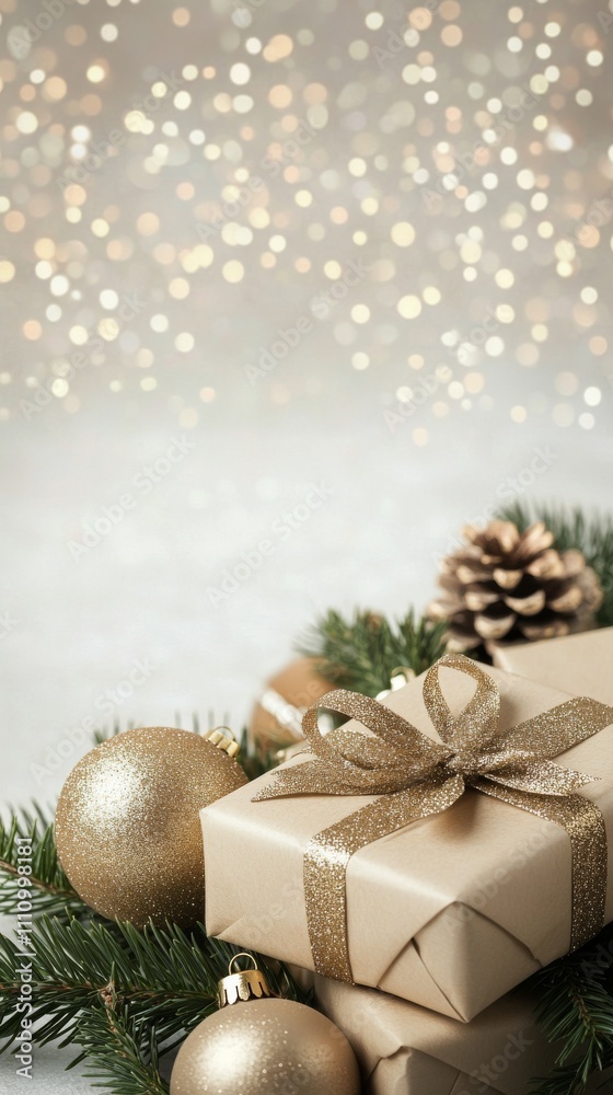 Poster Golden holiday decorations with gift box and ornaments on festive background