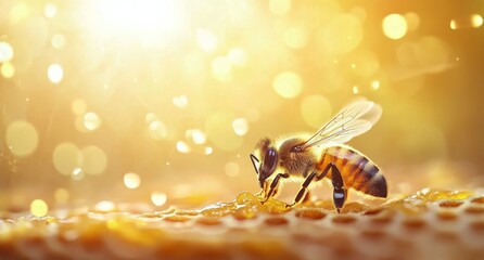 Naklejka premium Close up of a bee collecting nectar on a golden honeycomb while sunlight filters through