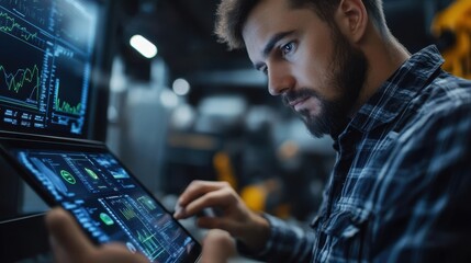 Focused Engineer Analyzing Data on Tablet in High-Tech Industrial Environment