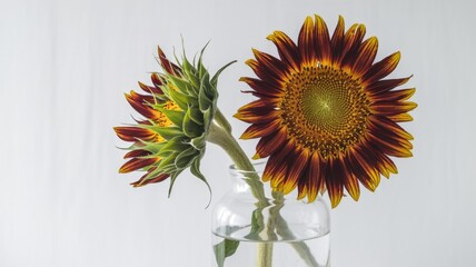 Two sunflowers in a glass vase  one fully bloomed  one budding.