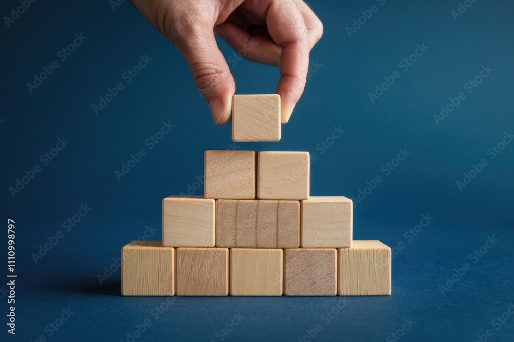 Poster hand placing wooden block on top of pyramid structure