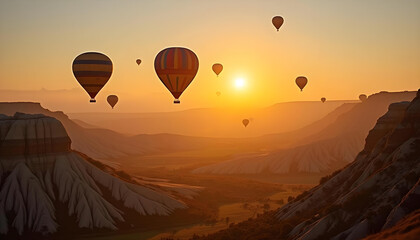 Fototapeta premium A hot air balloon flying over a scenic valley at sunrise.