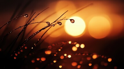 Enchanting Dew Drops on Grass at Golden Sunrise