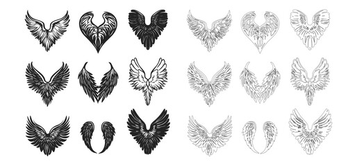 Set of Intricate line art Angel Wings Tattoo Designs in Black and White