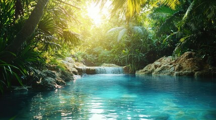 Naklejka premium Serene Tropical Waterfall Scene with Lush Greenery and Crystal Clear Pool under Sunlight, Perfect for Nature and Relaxation Themes