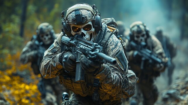 a skeleton delta force operator carrying a Mk18 with suppressor, other skeleton operators behind him finding enemies, midnightcore pastel kiragam, tarot card, in amazon forest, they are facing gunfigh
