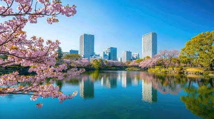 Obraz premium Serene Urban Landscape Featuring Cherry Blossom Trees Reflecting on a Tranquil Lake in a Modern City Setting Under Clear Blue Skies