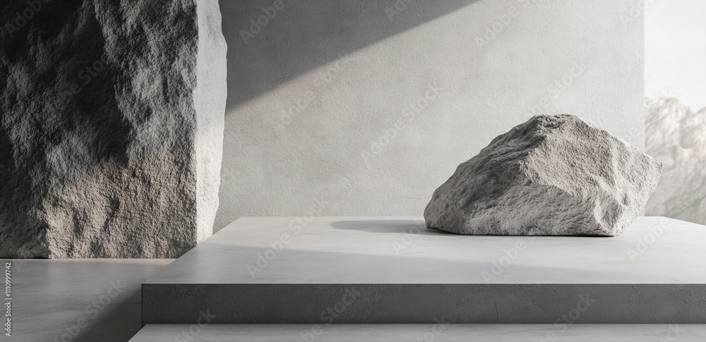 Aufkleber Textured rock placed on a minimalistic platform in a well-lit modern space showcasing simplicity and design elegance