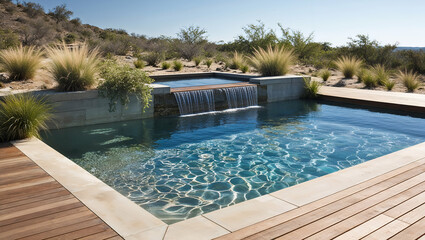 Fototapeta premium Elegant outdoor pool with waterfall and spa in a desert landscape under clear skies