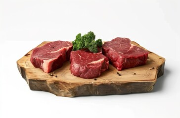 Beef steaks on a wooden board, isolated against a white background. Detailed photo with cinematic lighting raw beef steak with rosemary