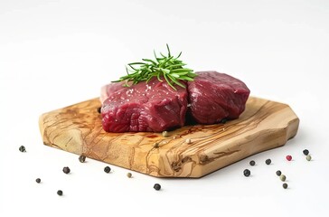 Fototapeta premium Beef steaks on a wooden board, isolated against a white background. Detailed photo with cinematic lighting raw beef steak with rosemary