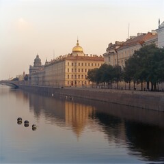 Fototapeta premium Saint Petersburg golden dome reflected in river at sunrise