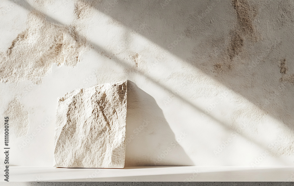 Poster natural light illuminates textured stone on a minimalistic surface in a serene indoor setting