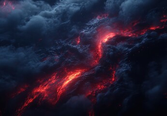 Fototapeta premium Dramatic Eruption of Lava Flowing Through Dense Dark Clouds Illuminating the Night Sky with Fiery Red and Orange Hues in an Abstract Scene of Natural Power