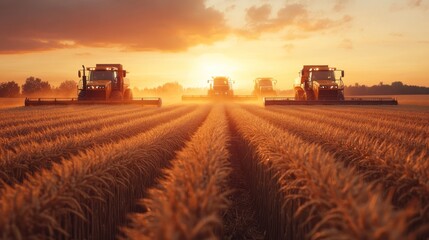 Fototapeta premium Golden Hour Harvest: Three Combine Harvesters Working in a Wheat Field at Sunset