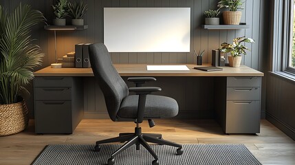 Fototapeta premium Modern home office interior with ergonomic chair, desk, plants, and minimalist decor.