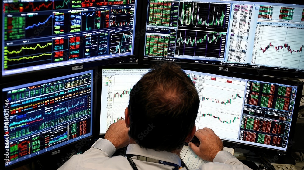 Poster stock market trading environment with multiple monitors displaying real-time financial data and char