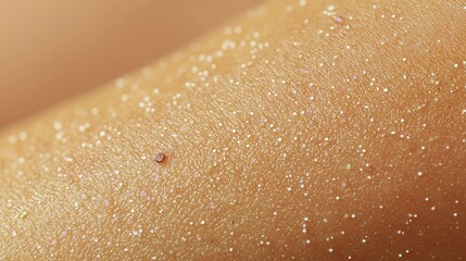 Fototapeta premium Close-up of Skin with Micro Glitter Particles Reflecting Light in a Warm Toned and Smooth Texture Ideal for Beauty, Cosmetic or Skincare Themes and Design Elements