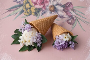 Two ice cream cones filled with lilac flowers on a pink background.