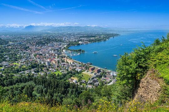 The City of Bregenz from the Pf&auml;nder with Lake of Constanze - Bodensee - view toward the Swiss Mountains, Dtate of Vorarlberg, Austria