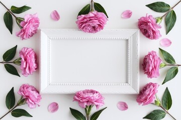 Pink roses and white frame on white background
