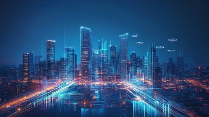 Obraz premium A sleek, futuristic cityscape with glowing skyscrapers, flying vehicles, and advanced transportation systems, illustrating a high-tech urban environment