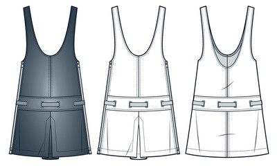 Pleats Mini Dress technical fashion Illustration. Dungaree Dress fashion flat technical drawing template, plunge neck, side zipper, eyelets box; belt; front, back view, white, grey, women CAD mockup.