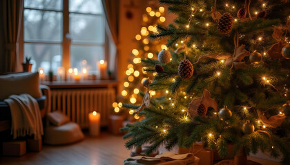 A Christmas tree with colorful lights, shiny ornaments, and wrapped gifts fills the cozy room with holiday cheer.
