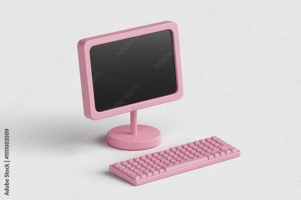 Aufkleber pink computer monitor and keyboard on a white background.