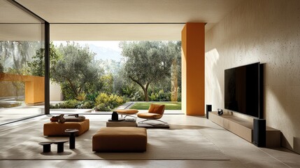 Modern Living Room with Stunning Garden View and Home Theater Setup