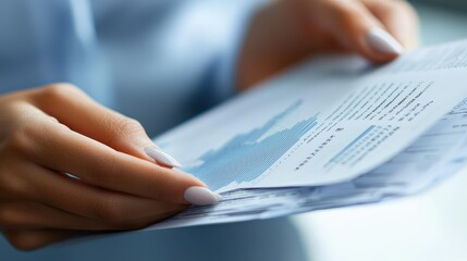 Close-Up of Hands Holding Business Report with Graphs and Charts, Analyzing Financial Data for Strategic Decision Making in a Modern Office Environment
