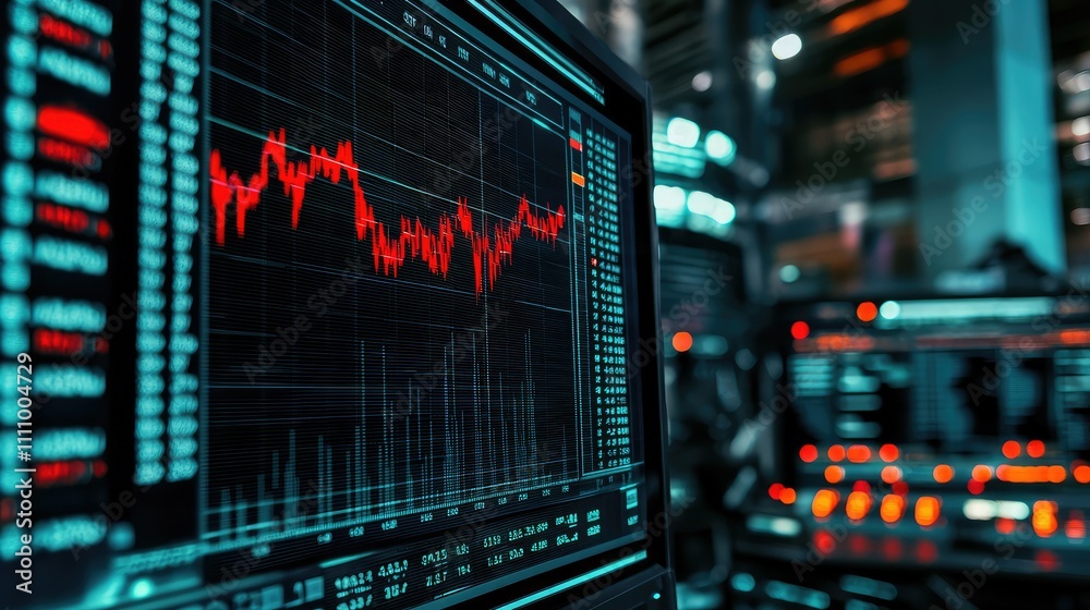 Poster modern financial data visualization on a computer screen with graphs and charts for analysis of mark