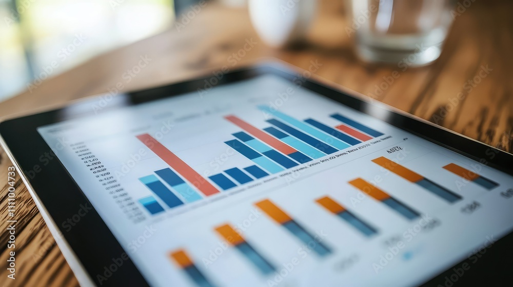 Poster professional analysis of business performance metrics displayed on tablet with modern graphs and cha