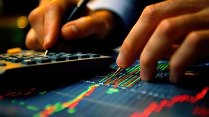 Fototapeta premium Hands Analyzing Financial Data on a Stock Market Chart with a Calculator and a Pen, Representing Investment Strategies and Economic Insights