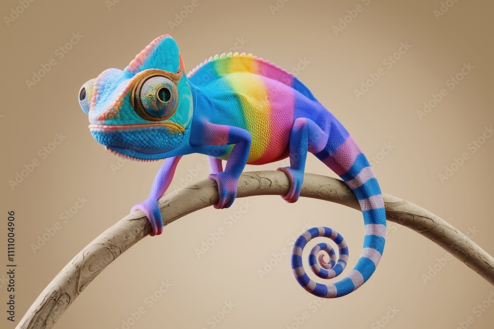 Poster Colorful chameleon displaying intricate patterns on branch with spiral tail.