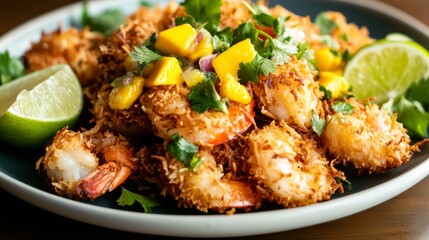Fototapeta premium Photo of, A plate of crispy coconut shrimp served with a tangy mango salsa and lime wedges, Coconut shrimp plate centered