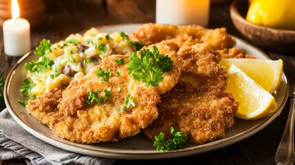 Fototapeta premium Photo of, A plate of crispy chicken schnitzel served with lemon wedges and a side of German potato salad, Chicken schnitzel plate centered