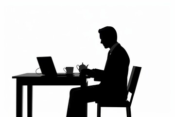 Silhouette of an office worker at a desk with laptop and coffee cup, space for text above or below
