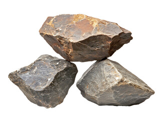 Three rocks of different sizes, one is dark brown and the other two are gray on a transparent background. 