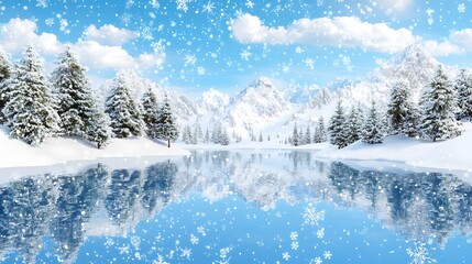 A Beautiful Winter Wonderland with Snowy Mountains and Reflections