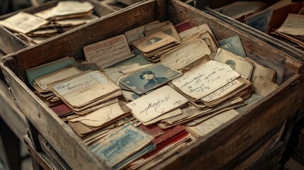 Fototapeta premium Vintage Collection of Old Photographs and Postcards in a Wooden Box Capturing Memories of the Past with Handwritten Notes and Unique Portraits
