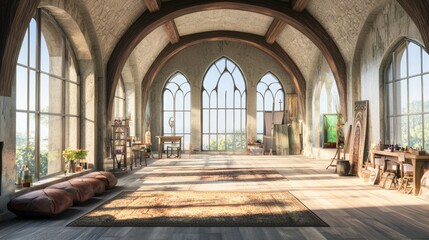 Obraz premium Urban Renaissance: Modern-Medieval Artistic Studio with High Ceilings and Colorful Decor Inspiring Creativity in Photorealistic Interior Design Image