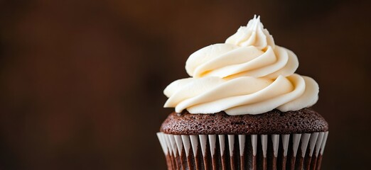 Moist chocolate cupcake topped with creamy vanilla frosting against a dark background