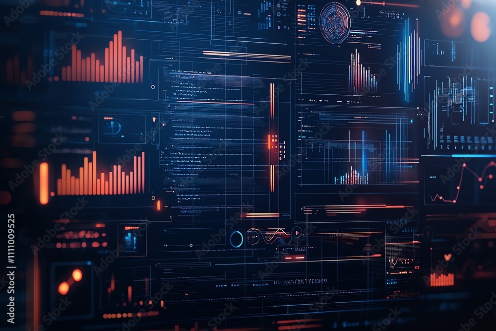 Poster a futuristic digital interface displaying data analytics, charts, and graphs in vibrant colors. idea