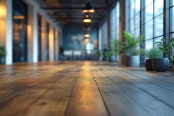 Modern interior corridor with wooden flooring and plants in natural light