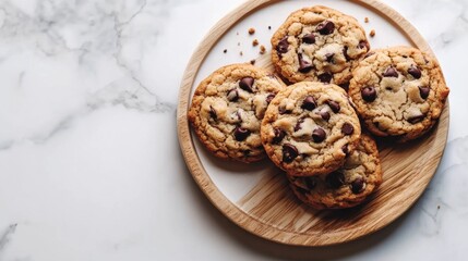 Photo of, A plate of freshly baked chocolate chip cookies on a minimalist wooden board, Minimalist kitchen counter setting