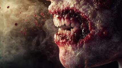 Obraz premium Gruesome Close-Up of a Zombie Mouth with Blood-Soaked Teeth and Sinister Fog Emanating from the Gaping Cavities in a Dark Atmospheric Setting