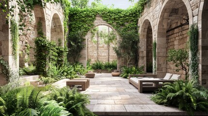 Serene Medieval Courtyard Oasis: A Photorealistic Blend of Nature and History